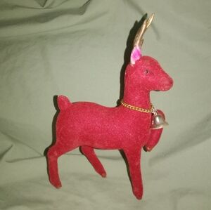Mid Century Christmas Flocked Red Reindeer 6 3/8 Tall Bell Collar Necklace Decor